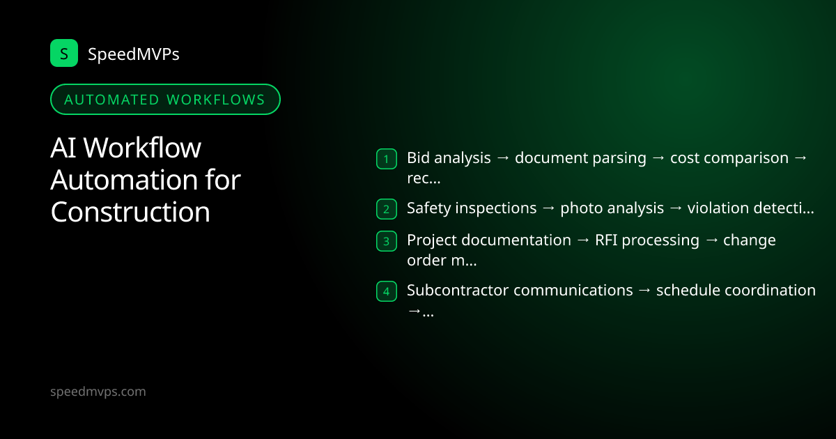 Automated AI workflows for Construction: Bid analysis → document parsing → cost comparison → recommendation reports, Safety inspections → photo analysis → violation detection → corrective action tracking, Project documentation → RFI processing → change order management → approvals, Subcontractor communications → schedule coordination → payment processing