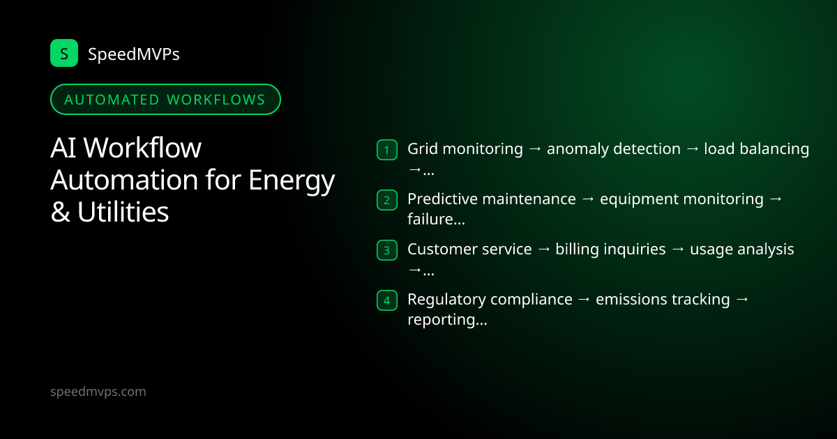Automated AI workflows for Energy & Utilities: Grid monitoring → anomaly detection → load balancing → incident response, Predictive maintenance → equipment monitoring → failure prediction → work scheduling, Customer service → billing inquiries → usage analysis → plan recommendations, Regulatory compliance → emissions tracking → reporting → audit documentation