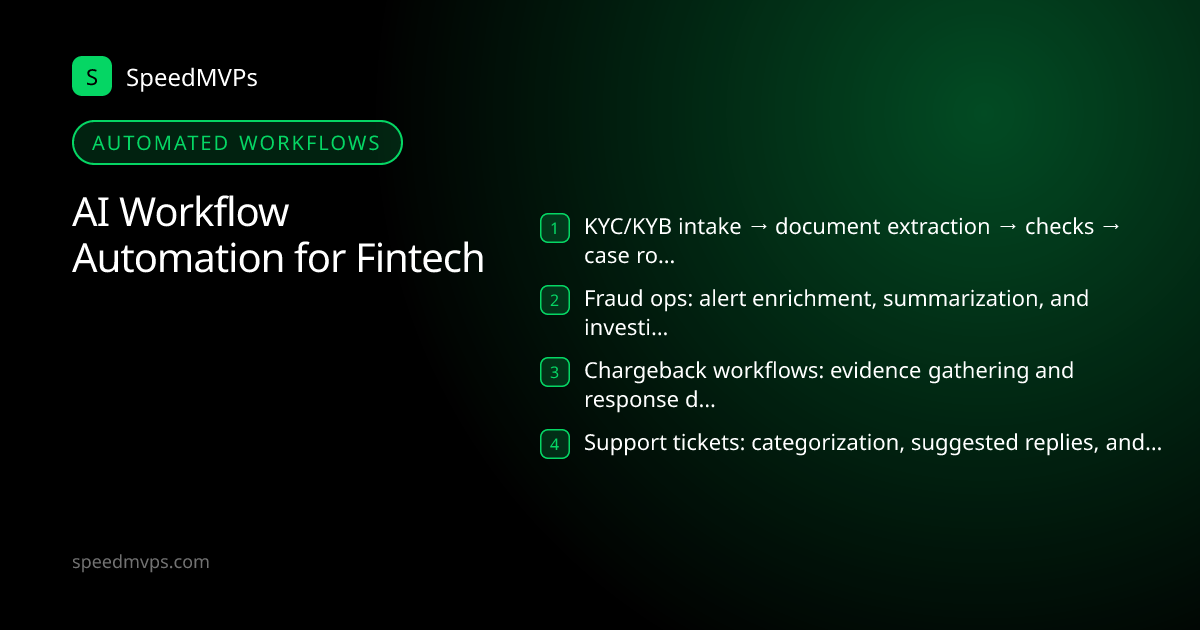 Automated AI workflows for Fintech: KYC/KYB intake → document extraction → checks → case routing, Fraud ops: alert enrichment, summarization, and investigation support, Chargeback workflows: evidence gathering and response drafting, Support tickets: categorization, suggested replies, and escalation
