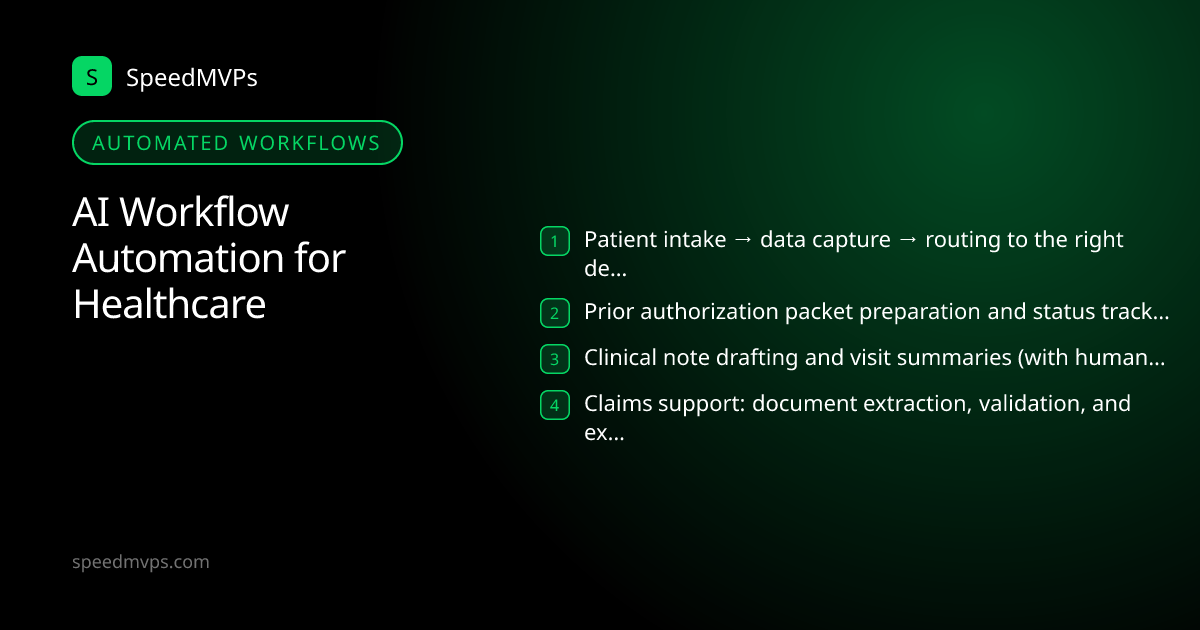 Automated AI workflows for Healthcare: Patient intake → data capture → routing to the right department, Prior authorization packet preparation and status tracking, Clinical note drafting and visit summaries (with human review), Claims support: document extraction, validation, and exceptions