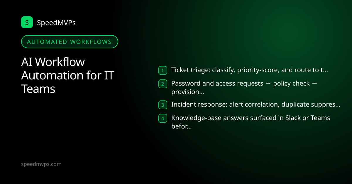 Automated AI workflows for IT Teams: Ticket triage: classify, priority-score, and route to the right queue, Password and access requests → policy check → provisioning or escalation, Incident response: alert correlation, duplicate suppression, draft comms, Knowledge-base answers surfaced in Slack or Teams before a ticket is filed