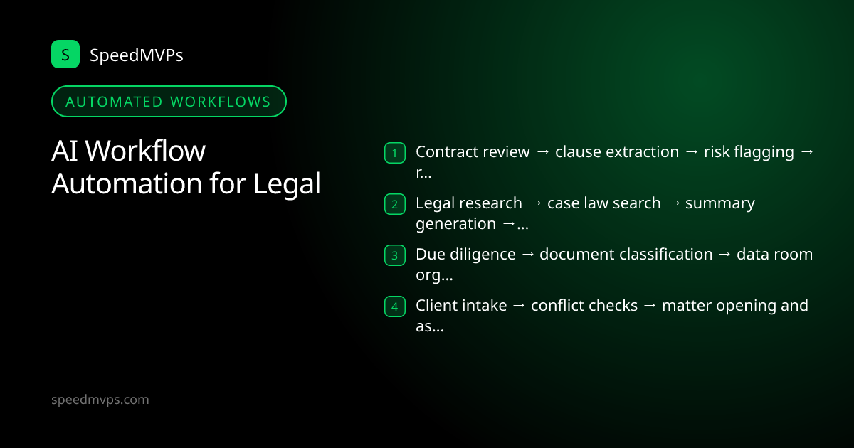 Automated AI workflows for Legal: Contract review → clause extraction → risk flagging → redline suggestions, Legal research → case law search → summary generation → memo drafting, Due diligence → document classification → data room organization, Client intake → conflict checks → matter opening and assignment