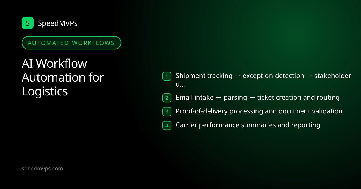 Automated AI workflows for Logistics: Shipment tracking → exception detection → stakeholder updates, Email intake → parsing → ticket creation and routing, Proof-of-delivery processing and document validation, Carrier performance summaries and reporting