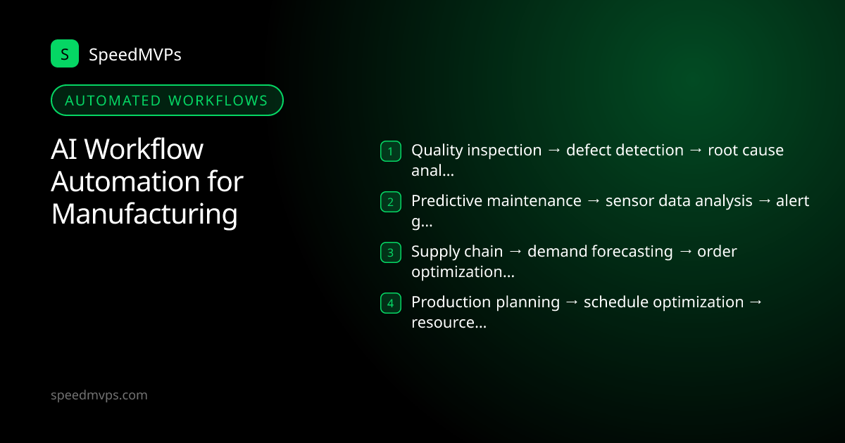 Automated AI workflows for Manufacturing: Quality inspection → defect detection → root cause analysis → corrective actions, Predictive maintenance → sensor data analysis → alert generation → work order creation, Supply chain → demand forecasting → order optimization → supplier communications, Production planning → schedule optimization → resource allocation