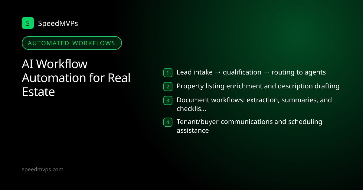 Automated AI workflows for Real Estate: Lead intake → qualification → routing to agents, Property listing enrichment and description drafting, Document workflows: extraction, summaries, and checklists, Tenant/buyer communications and scheduling assistance