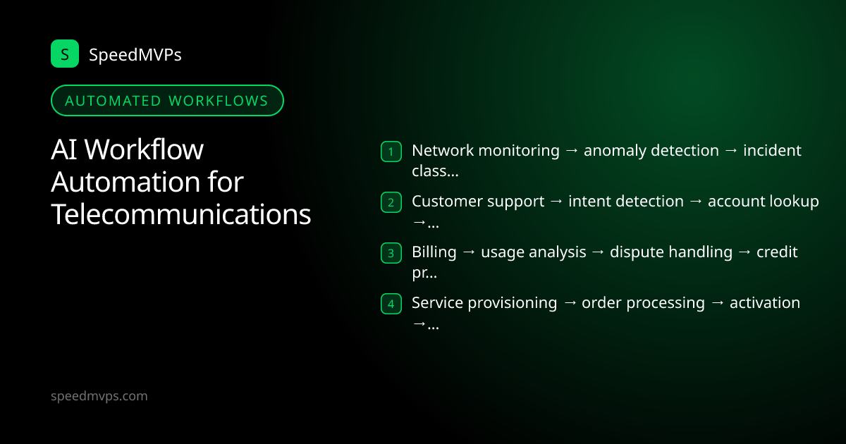 Automated AI workflows for Telecommunications: Network monitoring → anomaly detection → incident classification → resolution routing, Customer support → intent detection → account lookup → resolution or escalation, Billing → usage analysis → dispute handling → credit processing, Service provisioning → order processing → activation → verification