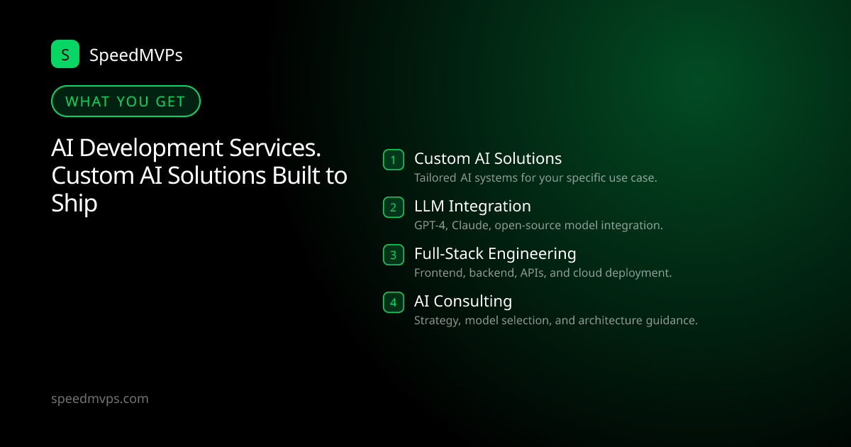 What you get with AI Development Services. Custom AI Solutions Built to Ship: key deliverables at a glance