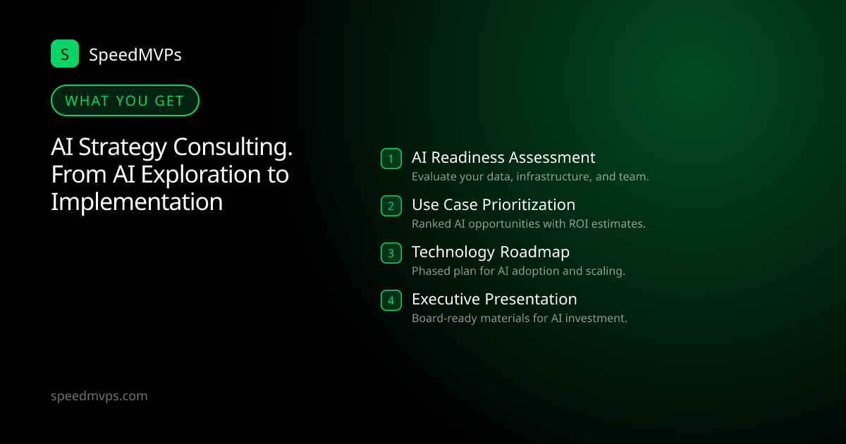What you get with AI Strategy Consulting. From AI Exploration to Implementation: key deliverables at a glance