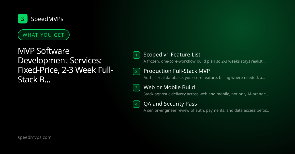 What you get with MVP Software Development Services: Fixed-Price, 2-3 Week Full-Stack Builds: key deliverables at a glance