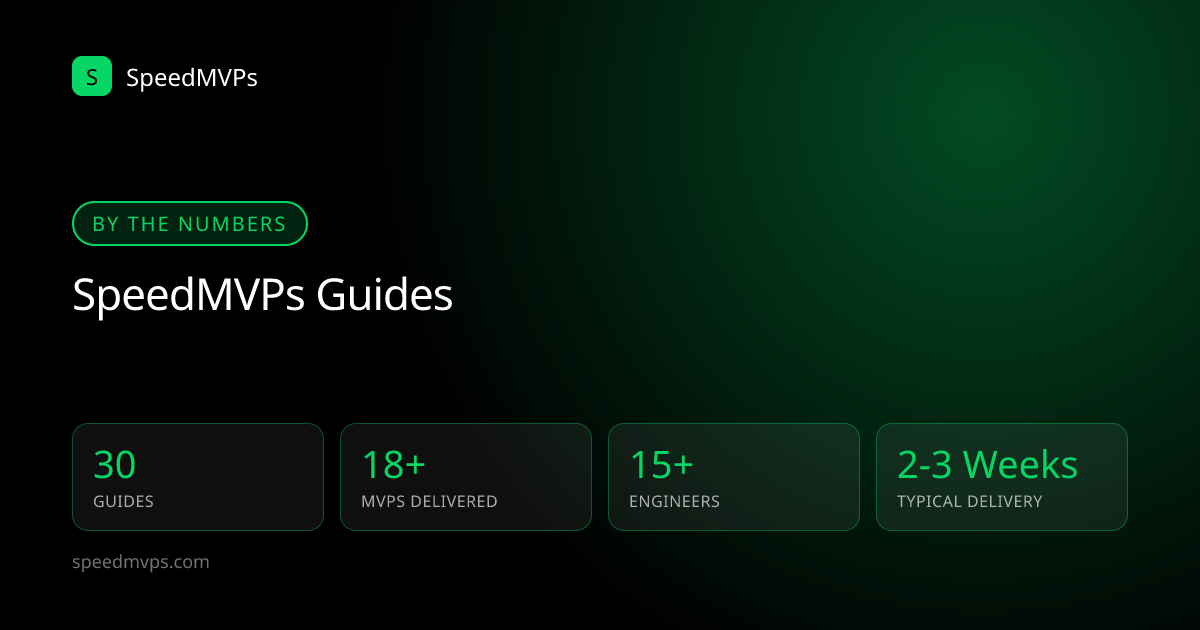 SpeedMVPs guides by the numbers: 30 guides published, 18+ MVPs delivered, 15+ engineers, 2-3 week typical delivery